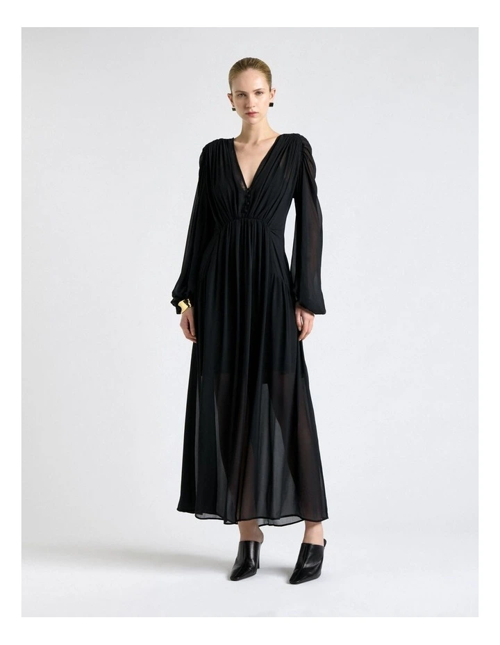 Georgette Gathered Midi Raglan Sleeve Dress in Black image 1