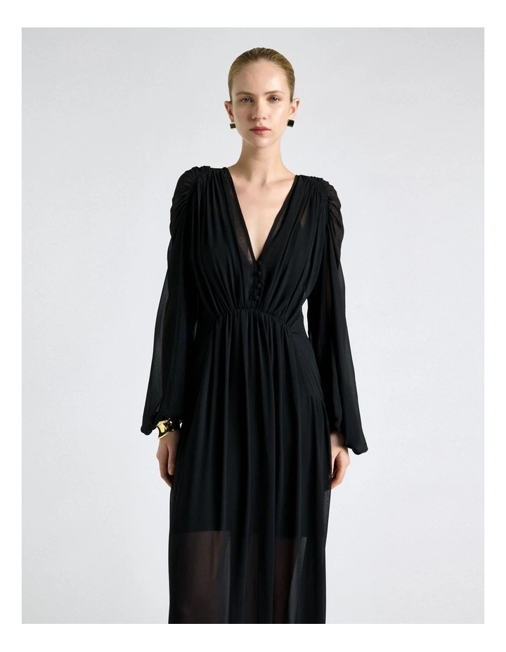 Georgette Gathered Midi Raglan Sleeve Dress in Black image 3