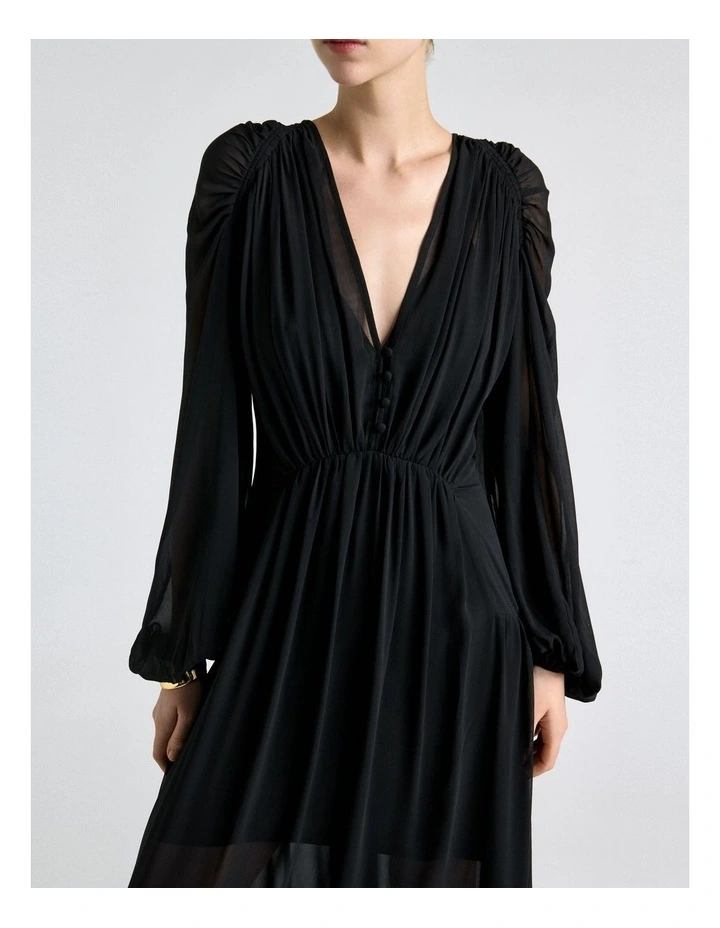 Georgette Gathered Midi Raglan Sleeve Dress in Black image 4