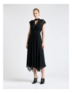 Georgette Tie Neck Midi Dress in Black