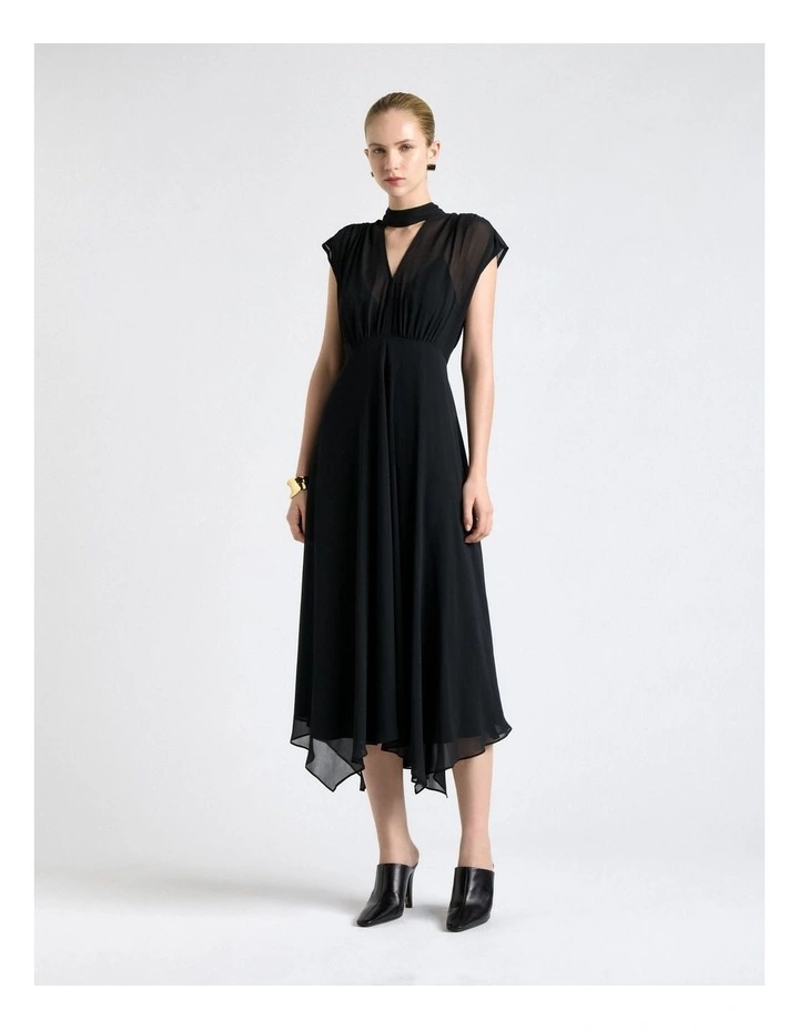 Georgette Tie Neck Midi Dress in Black image 1