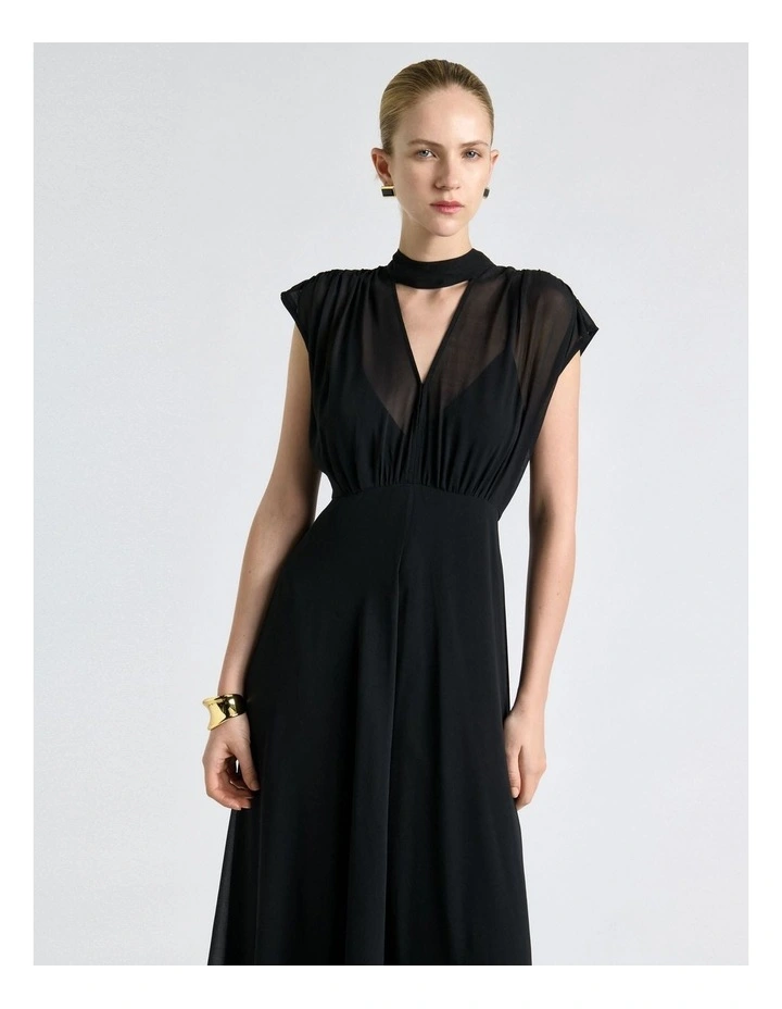 Georgette Tie Neck Midi Dress in Black image 3