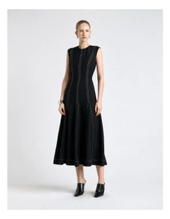 Viscose Blend Topstitched Midi Dress in Black