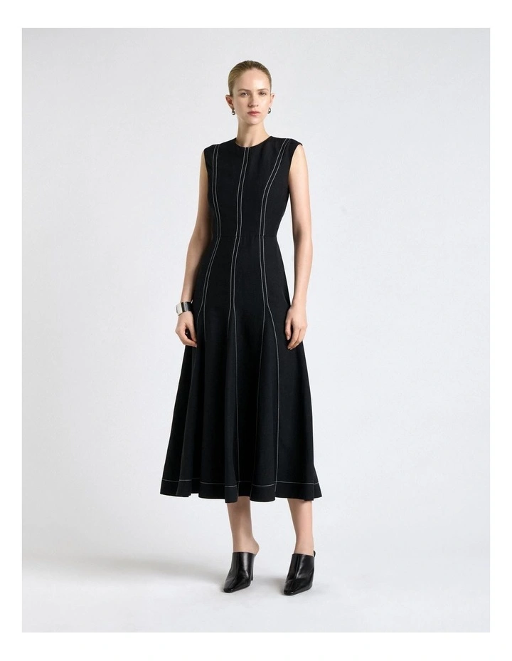 Viscose Blend Topstitched Midi Dress in Black image 1