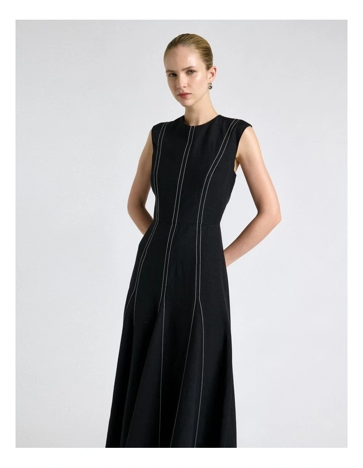 Viscose Blend Topstitched Midi Dress in Black image 3