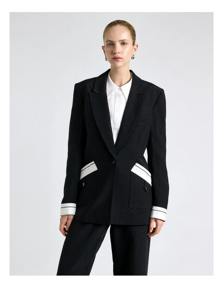 Viscose Blend Waistband Detail Patch Pocket Blazer in Black image 3