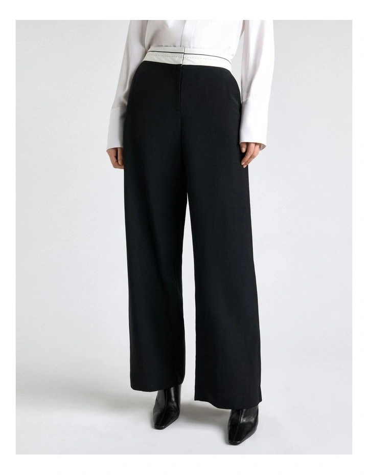 Viscose Blend Waistband Detail Straight Leg Pant in Black image 3