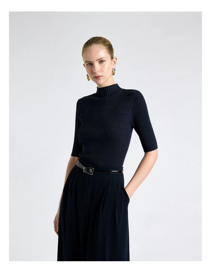Textured Elbow Sleeve Funnel Neck Knit Jumper in Ink image 3