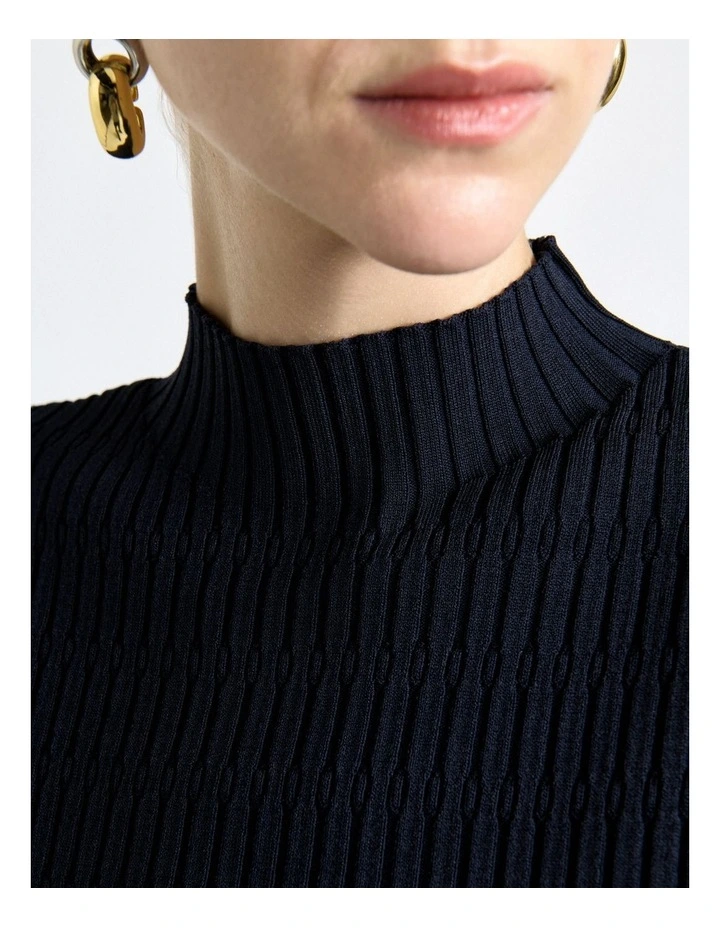 Textured Elbow Sleeve Funnel Neck Knit Jumper in Ink image 4