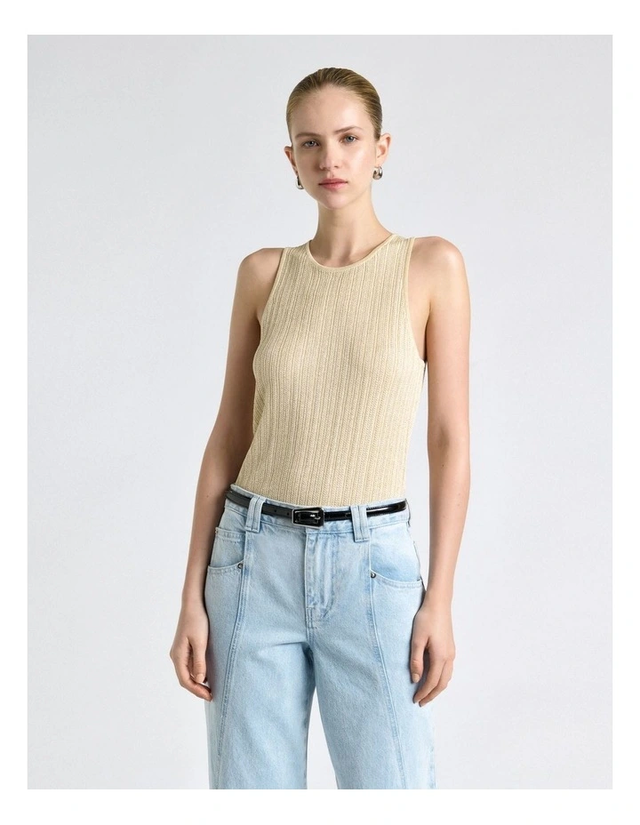 Metallic Pointelle and Rib Knit Tank in Light Gold image 3