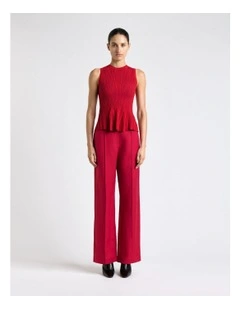 Red Two Tone Ribbed Peplum Knit Top