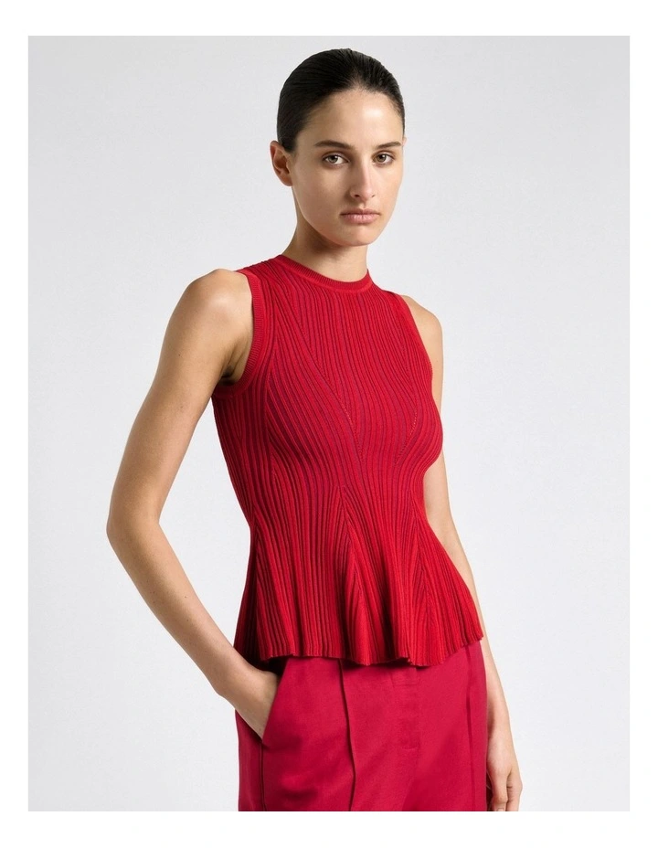 Red Two Tone Ribbed Peplum Knit Top image 3