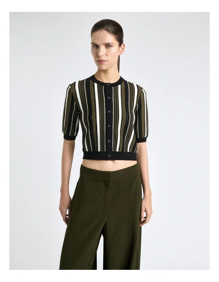 Textured Stripe Short Sleeve Cardigan in Olive image 3