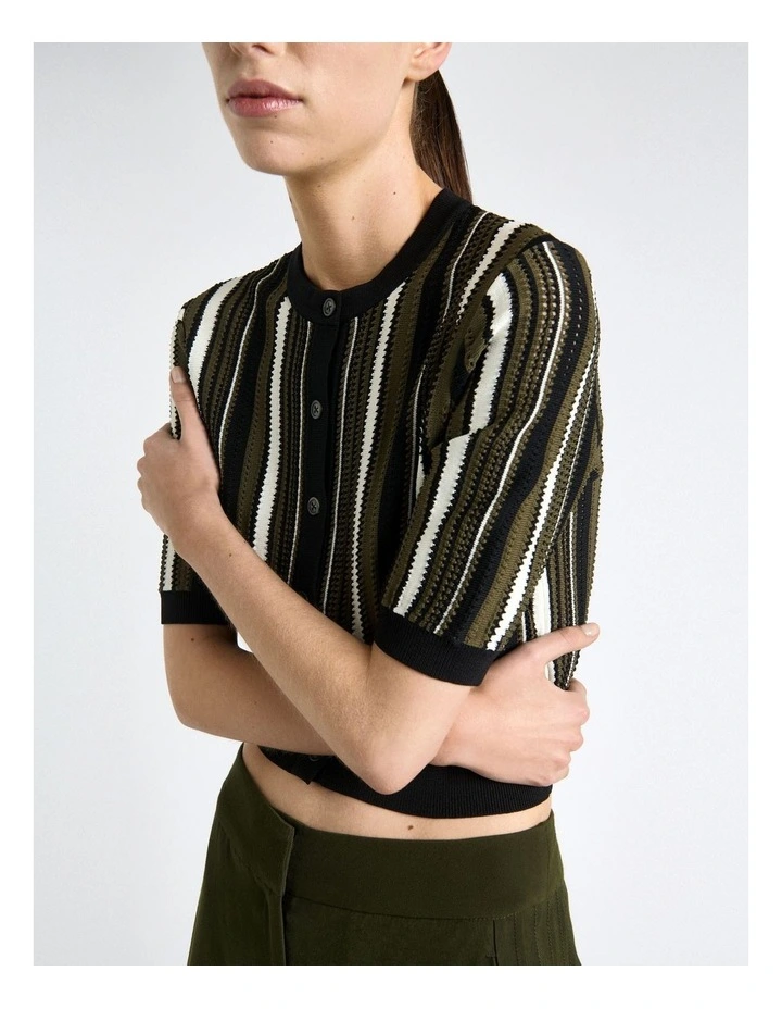 Textured Stripe Short Sleeve Cardigan in Olive image 4