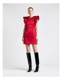 Bonded Satin Waterfall Ruffle Mini Dress in Fuchsia