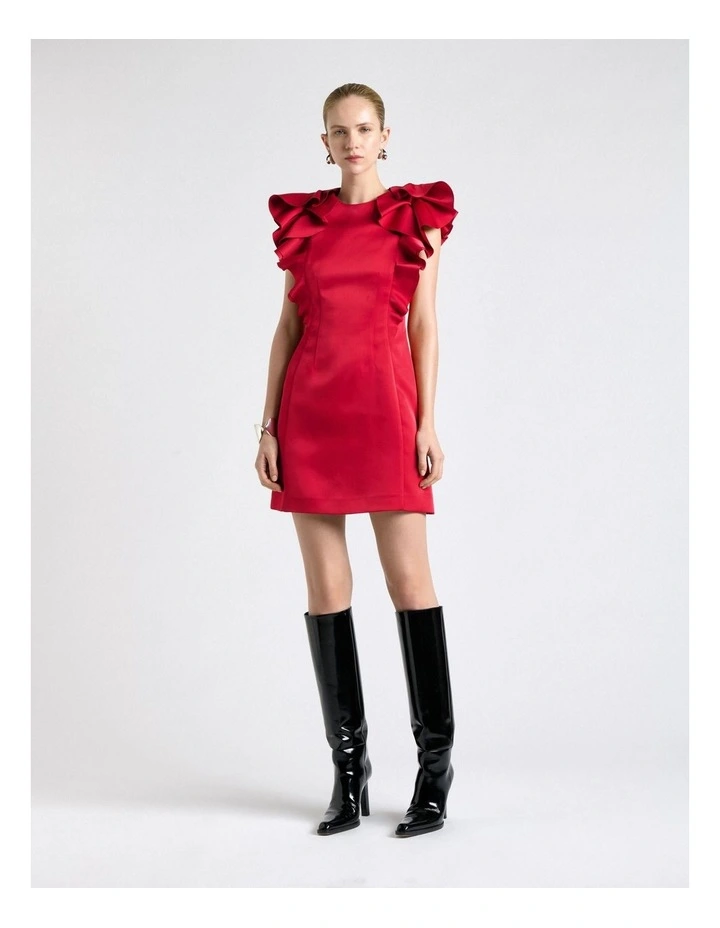 Bonded Satin Waterfall Ruffle Mini Dress in Fuchsia image 1