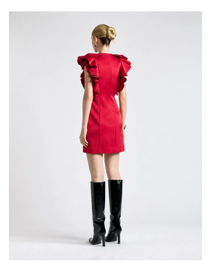 Bonded Satin Waterfall Ruffle Mini Dress in Fuchsia image 2