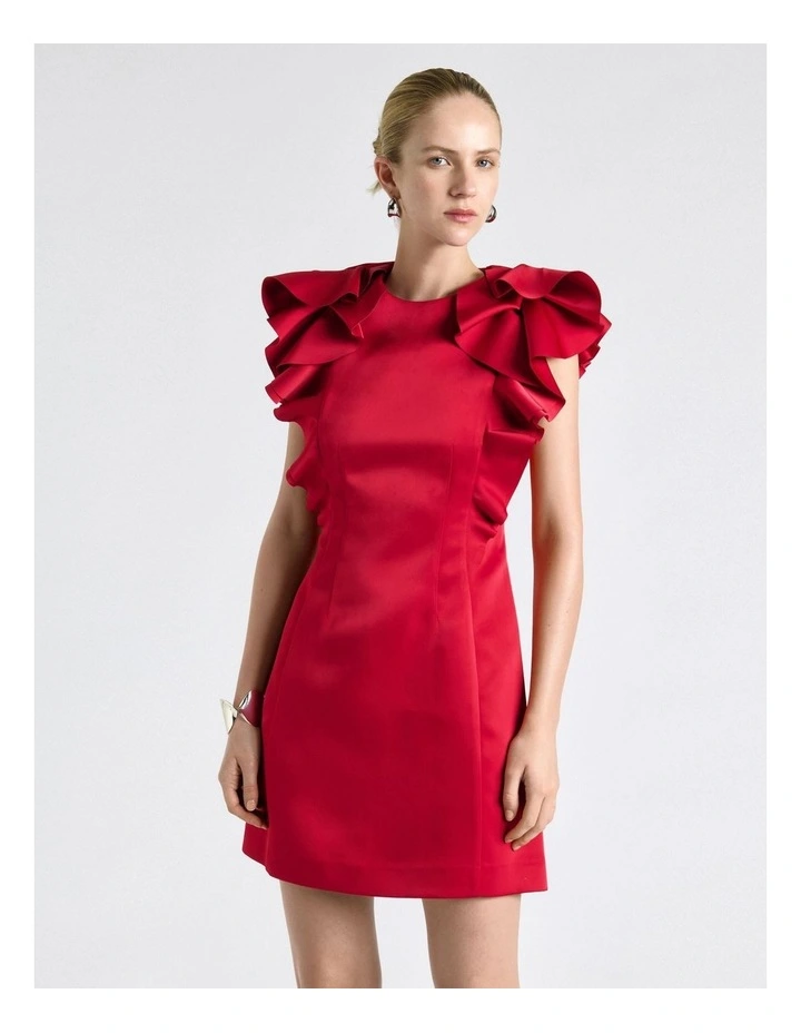 Bonded Satin Waterfall Ruffle Mini Dress in Fuchsia image 3