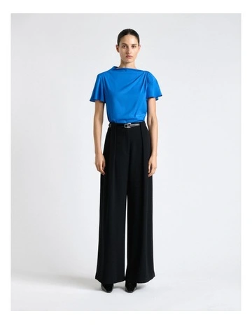 Blue Stretch Viscose Draped Sleeve Top