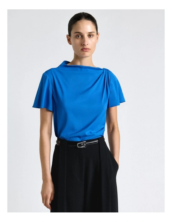 Blue Stretch Viscose Draped Sleeve Top image 3