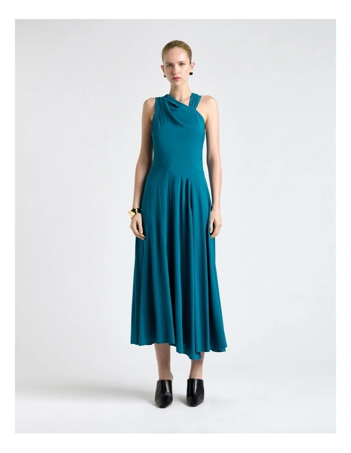 Teal Stretch Viscose Halter Neck Midi Dress in Blue image 1