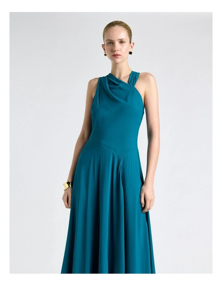 Teal Stretch Viscose Halter Neck Midi Dress in Blue image 3
