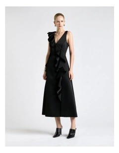 Bonded Satin Waterfall Ruffle Midi Dress in Black