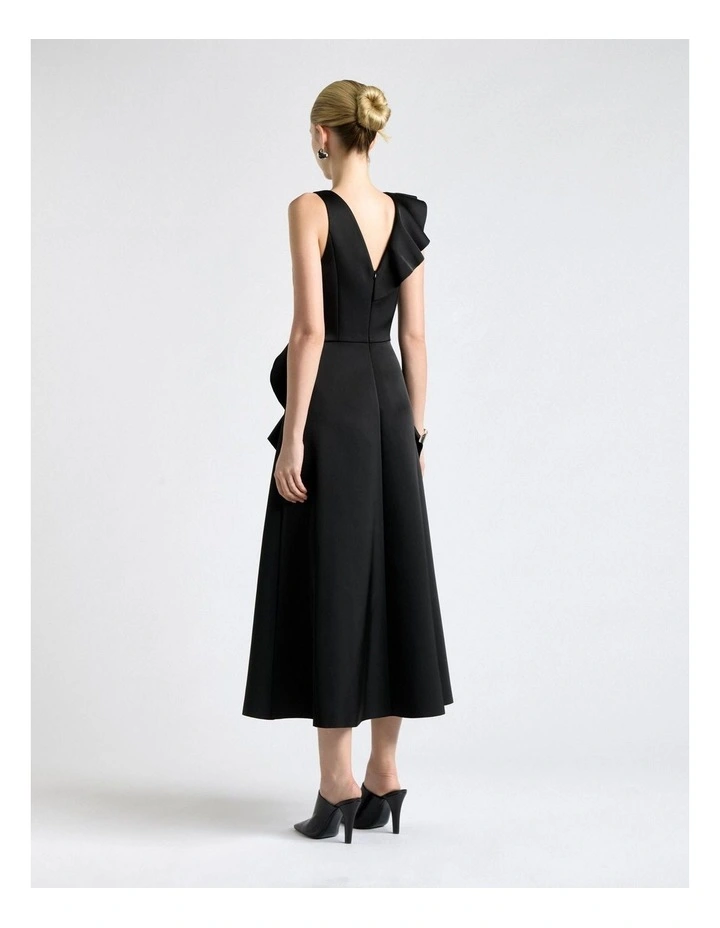 Bonded Satin Waterfall Ruffle Midi Dress in Black image 2