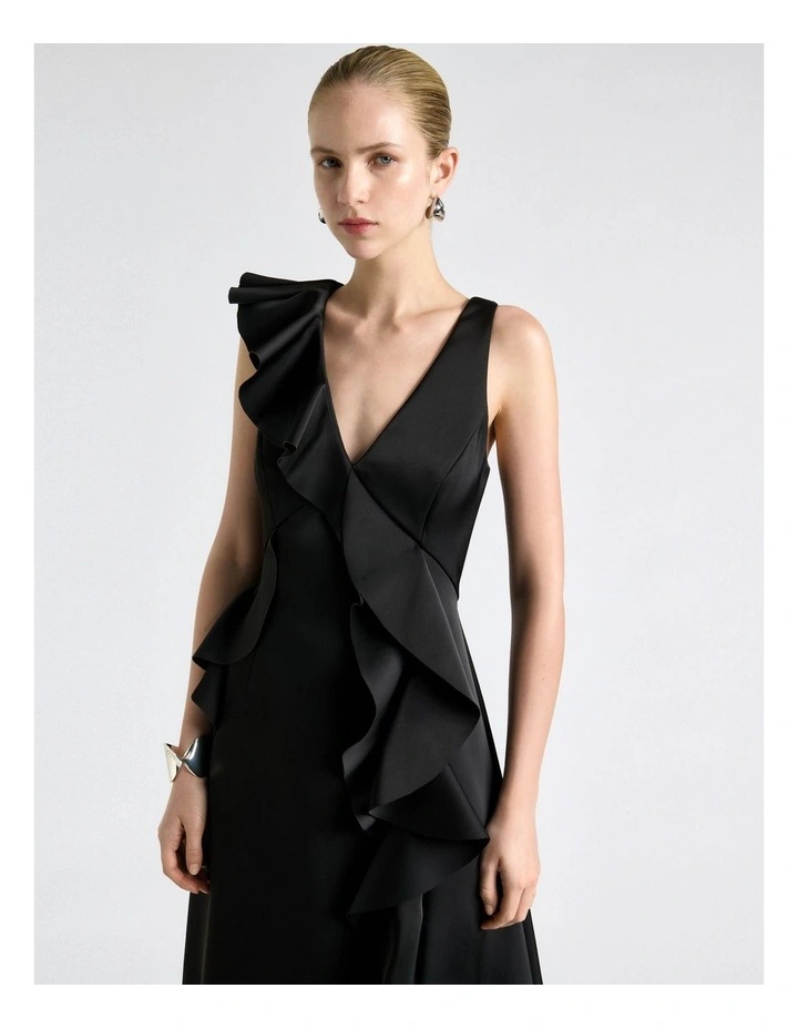 Bonded Satin Waterfall Ruffle Midi Dress in Black image 3