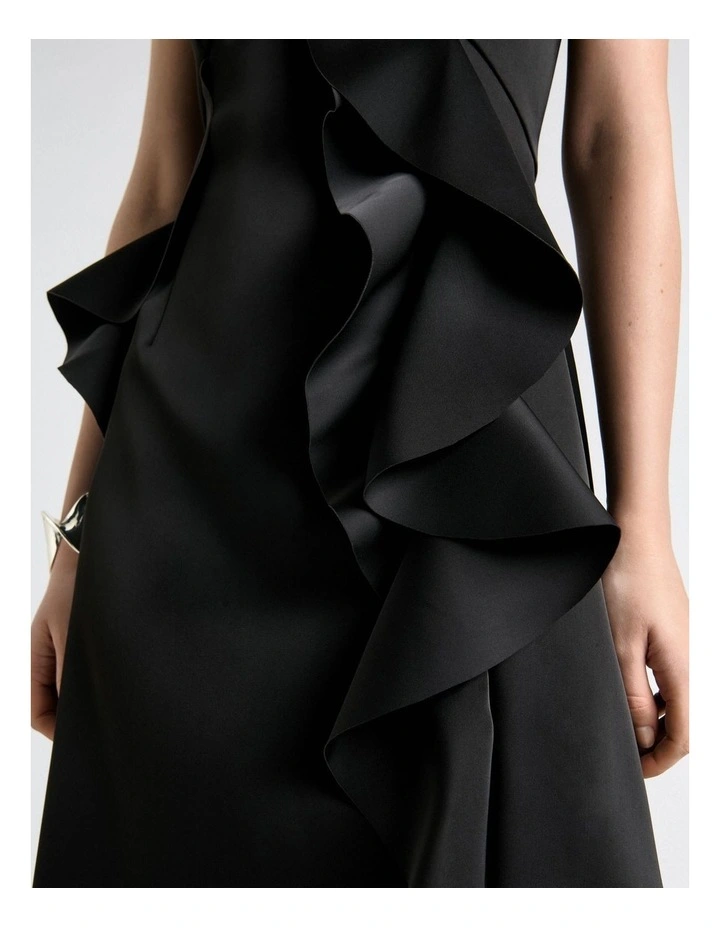 Bonded Satin Waterfall Ruffle Midi Dress in Black image 4