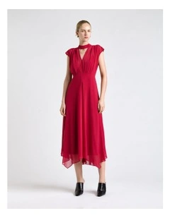 Georgette Tie Neck Midi Dress in Fuchsia