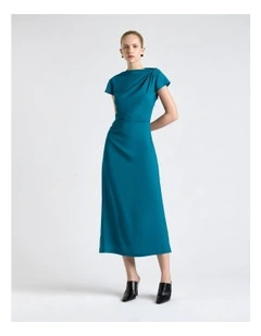 Teal Stretch Viscose Draped Neck Midi Dress in Blue