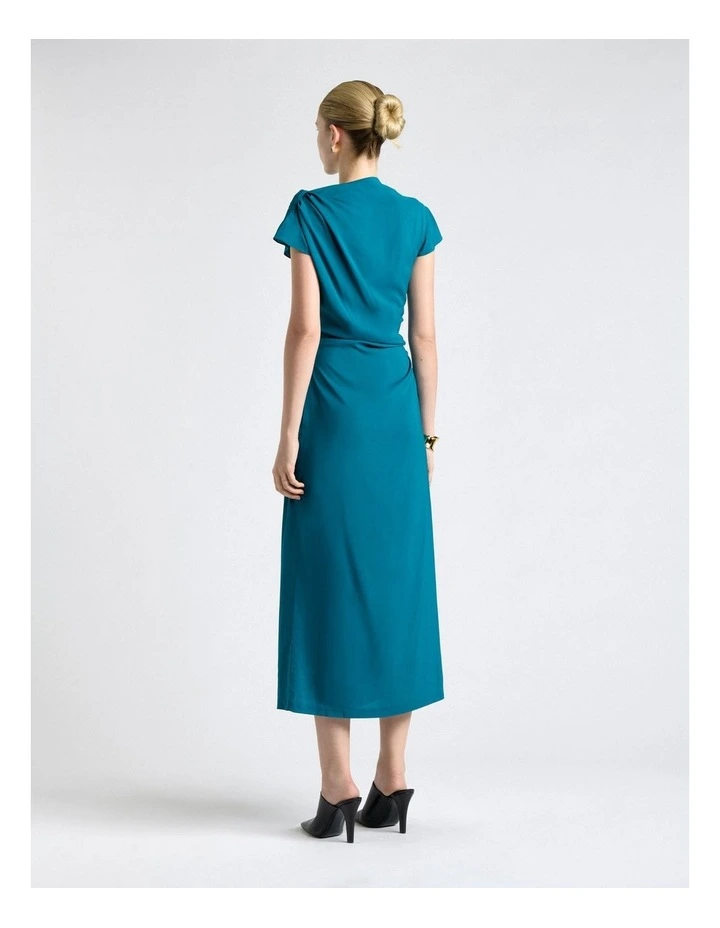 Teal Stretch Viscose Draped Neck Midi Dress in Blue image 2