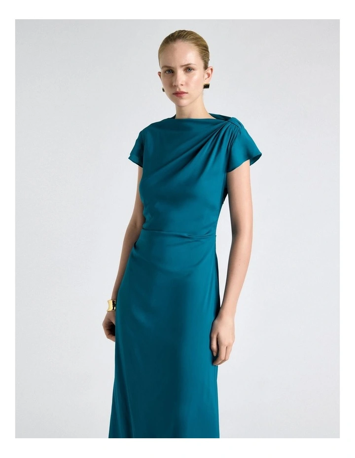 Teal Stretch Viscose Draped Neck Midi Dress in Blue image 3