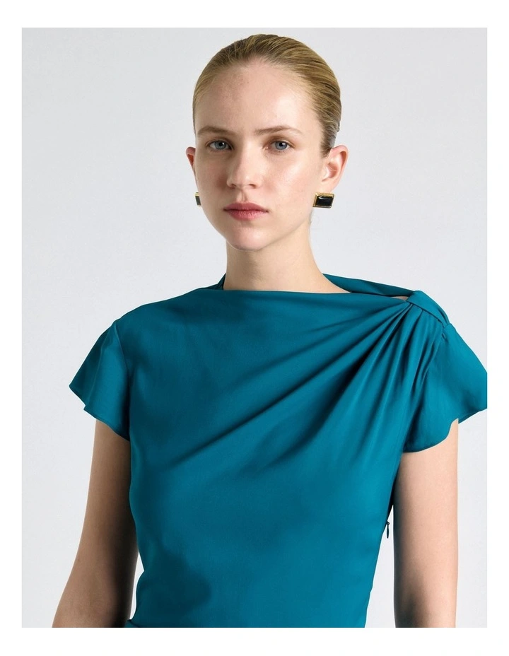 Teal Stretch Viscose Draped Neck Midi Dress in Blue image 4