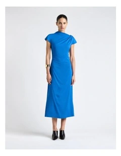 Blue Stretch Viscose Draped Neck Midi Dress