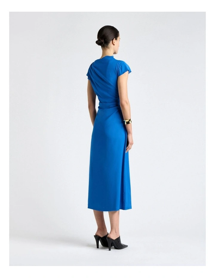 Blue Stretch Viscose Draped Neck Midi Dress image 2