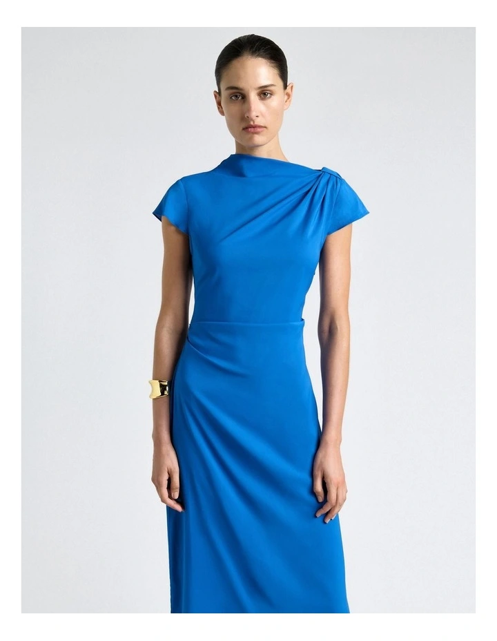 Blue Stretch Viscose Draped Neck Midi Dress image 3