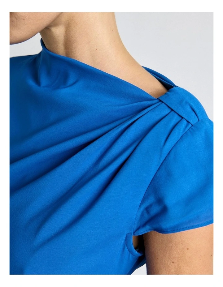 Blue Stretch Viscose Draped Neck Midi Dress image 4