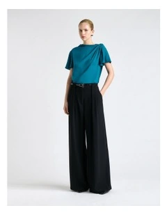 Stretch Viscose Draped Sleeve Top in Teal