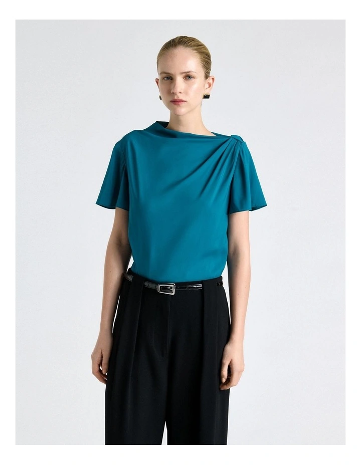 Stretch Viscose Draped Sleeve Top in Teal image 3