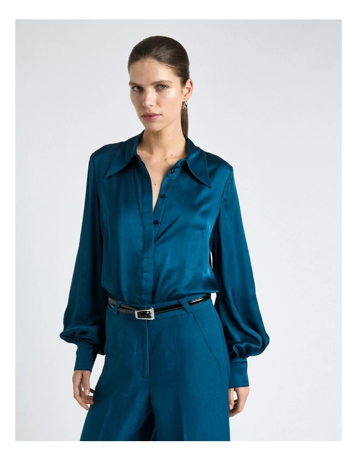 Satin Long Sleeve Shirt in Marine image 3