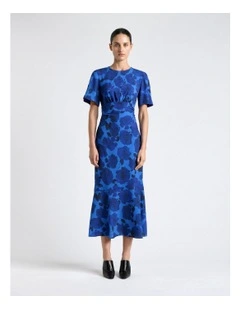 Blue Stencil Floral Drape Sleeve Dress