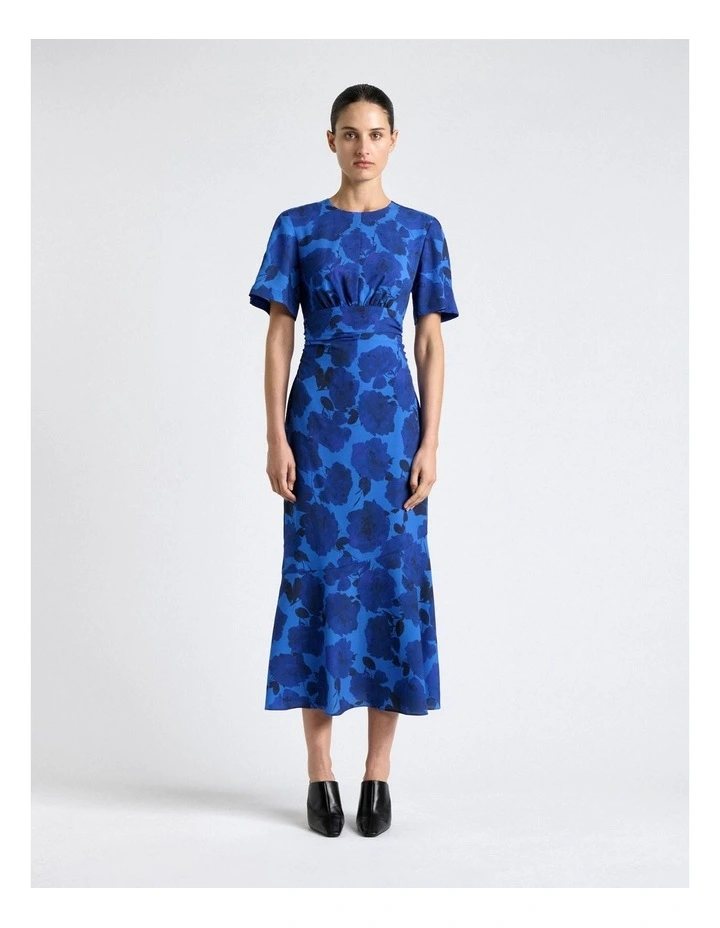 Blue Stencil Floral Drape Sleeve Dress image 1