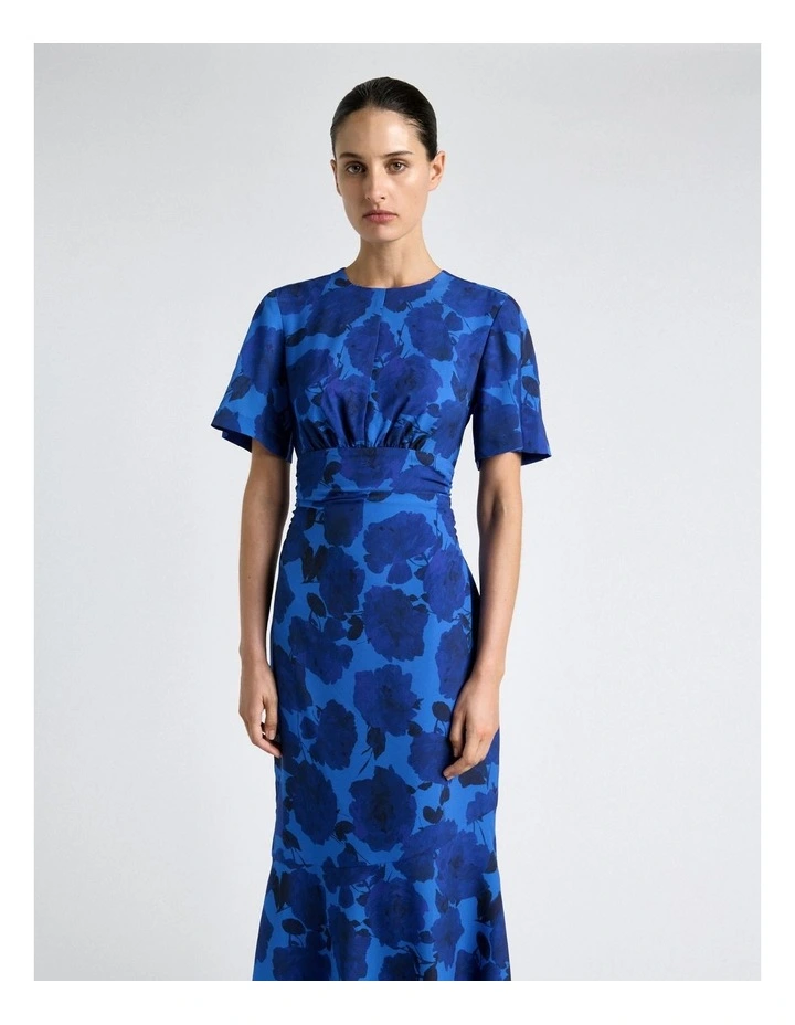 Blue Stencil Floral Drape Sleeve Dress image 3