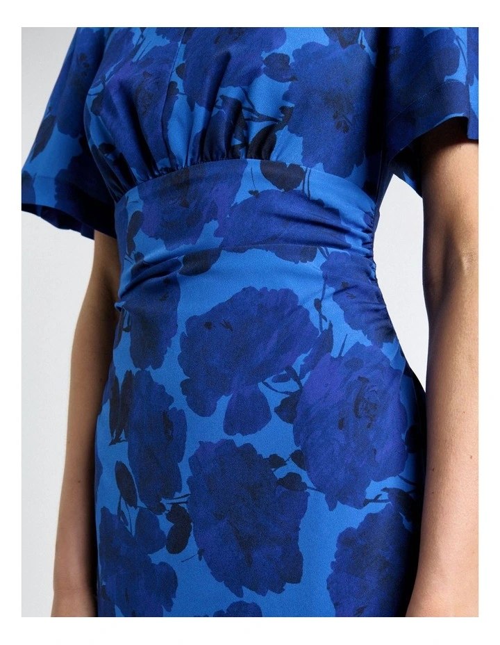Blue Stencil Floral Drape Sleeve Dress image 4