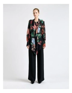 Peacock Garden Georgette Tie Neck Blouse in Black