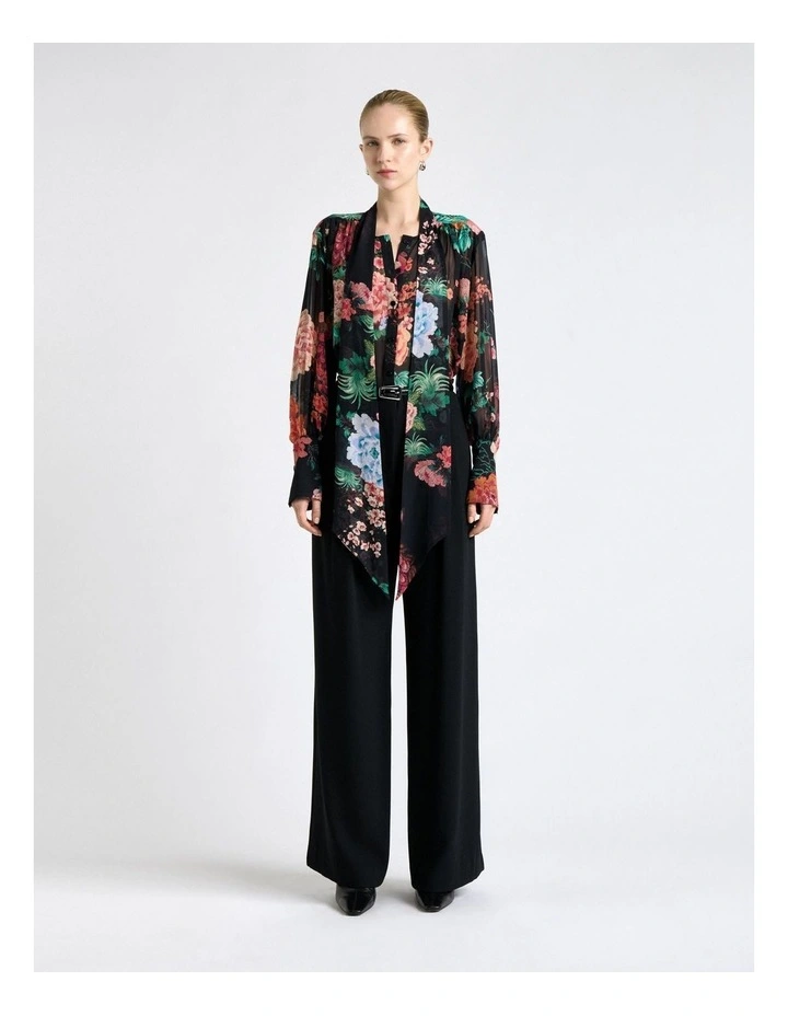 Peacock Garden Georgette Tie Neck Blouse in Black image 1