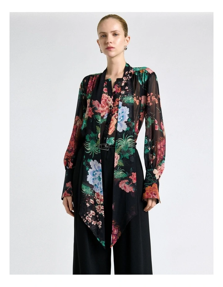 Peacock Garden Georgette Tie Neck Blouse in Black image 3