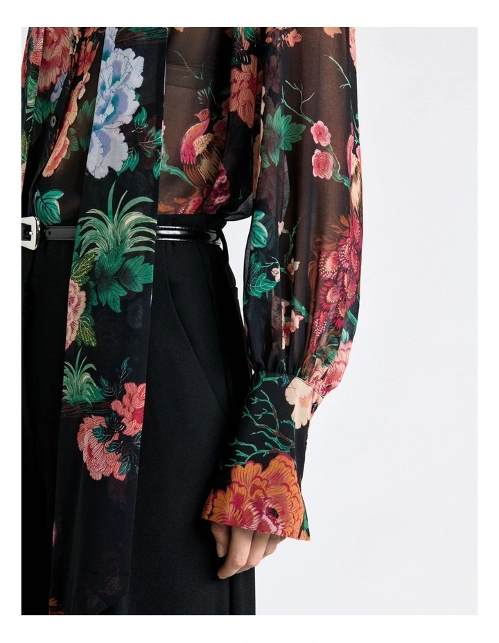 Peacock Garden Georgette Tie Neck Blouse in Black image 4